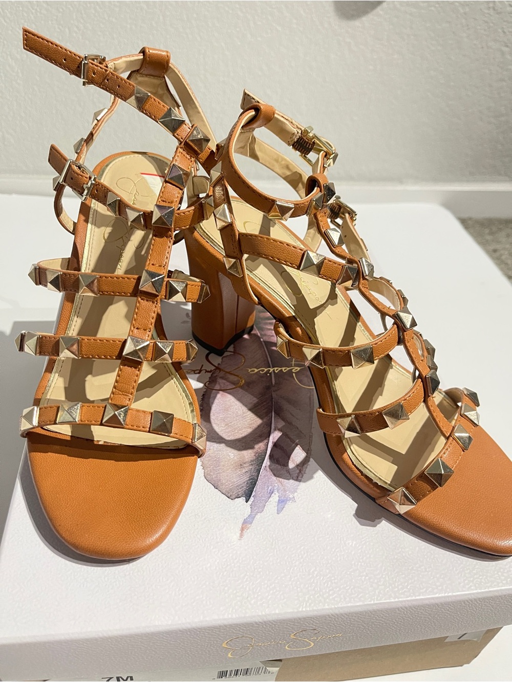 Jessica Simpson Tan Studded Strappy Block Heel Sandals